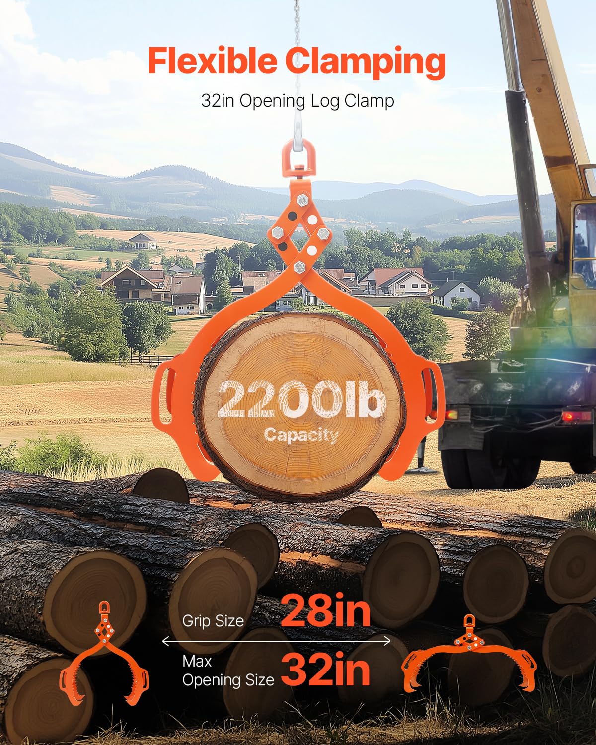 VEVOR Stone Lifting Pliers 812 mm with 4 Claws, Pliers for Logs, Rotatable, Steel, Lifting Capacity 1000 kg, Serrated Claw Design, Tractor Pliers, Carriage