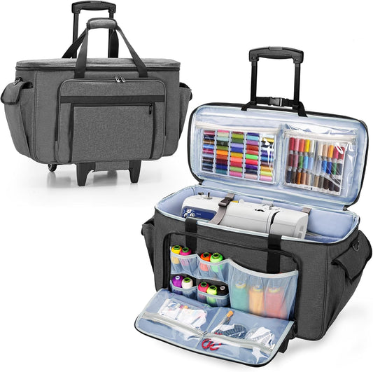 CURMIO Borduur- en Naaimachine Draagtas met Wielen, Rolbare Borduurmachine Tote Bag met Ondersteunende Bodemplaat voor Borduurmachine en Naaibenodigdheden, Grijs