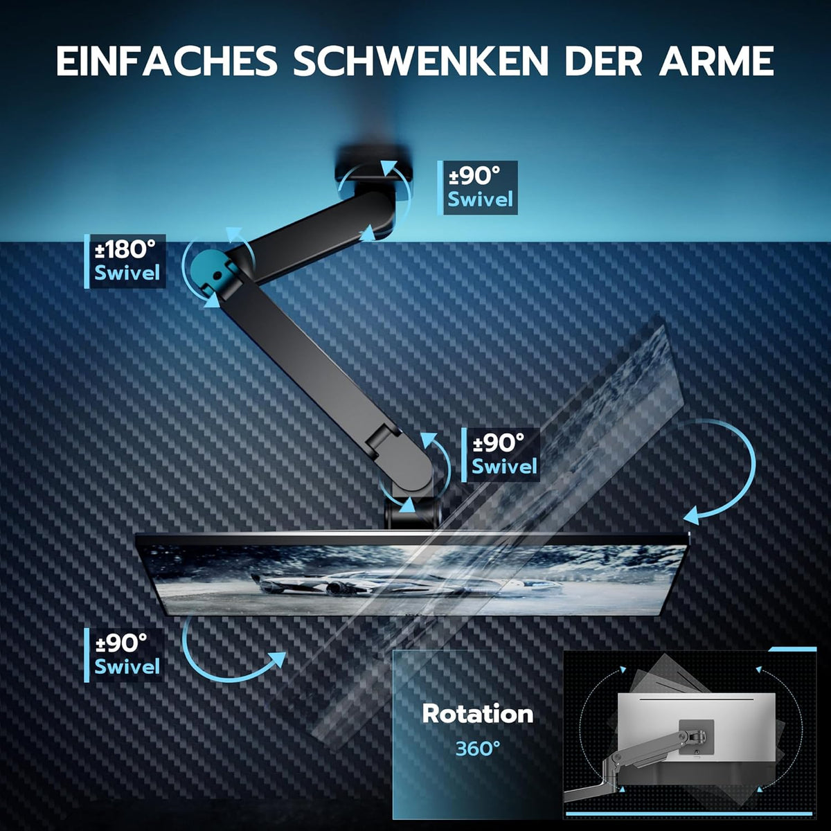 ARES WING Monitor muurbeugel voor 17-49 inch led/lcd-tv-scherm tot 20 kg, heavy duty monitorhouder, wand voor 1 beeldscherm, monitorarm, muurbevestiging met in hoogte verstelbaar, VESA 75/100, zwart