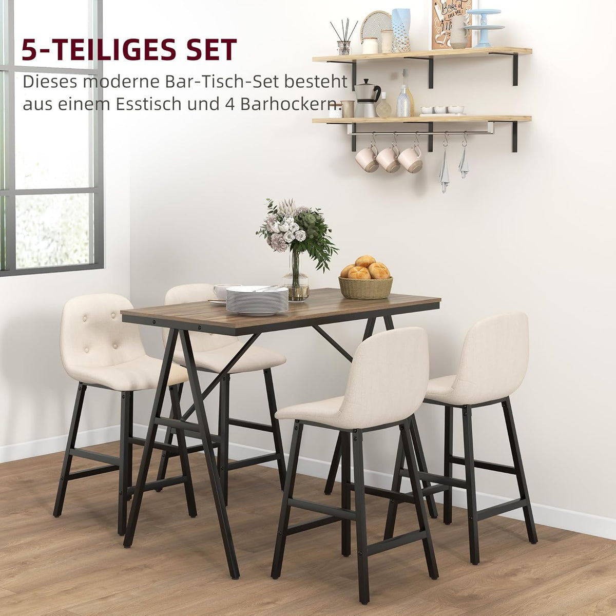 Bartafelset – Barset – Bistroset – Hoektafel – Barkrukken – Industrieel Design – 120x60x91 cm – Stalen Frame – Beige