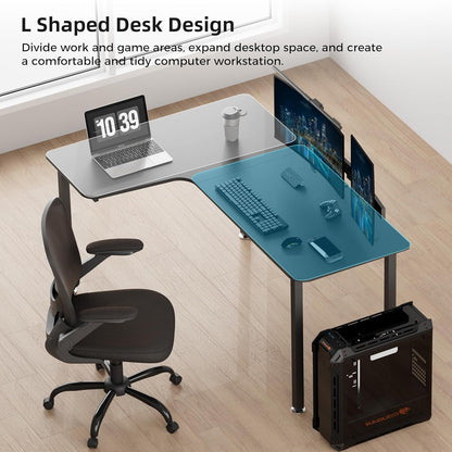 Eureka Ergonomisch L-vormig gaming-bureau, 155 x 110 cm hoekbureau. Grote pc-gaming-tafel met kabelbeheersysteem en muismat voor thuiskantoor. Zwart, links