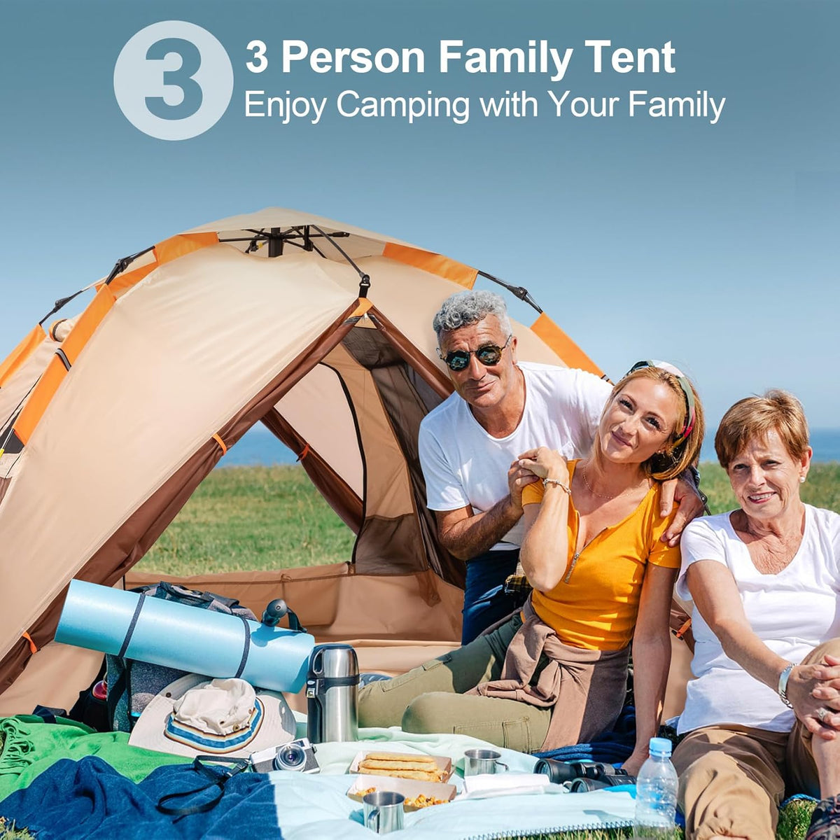 Campingtent, pop-up tent voor 4 personen, familiekoepeltent, waterdicht, winddicht, met 2 gaasdeuren, 2 gaasramen, dakramen, 2-in-1 dubbele lagen, opbergtas voor kamperen, wandelen, backpacken