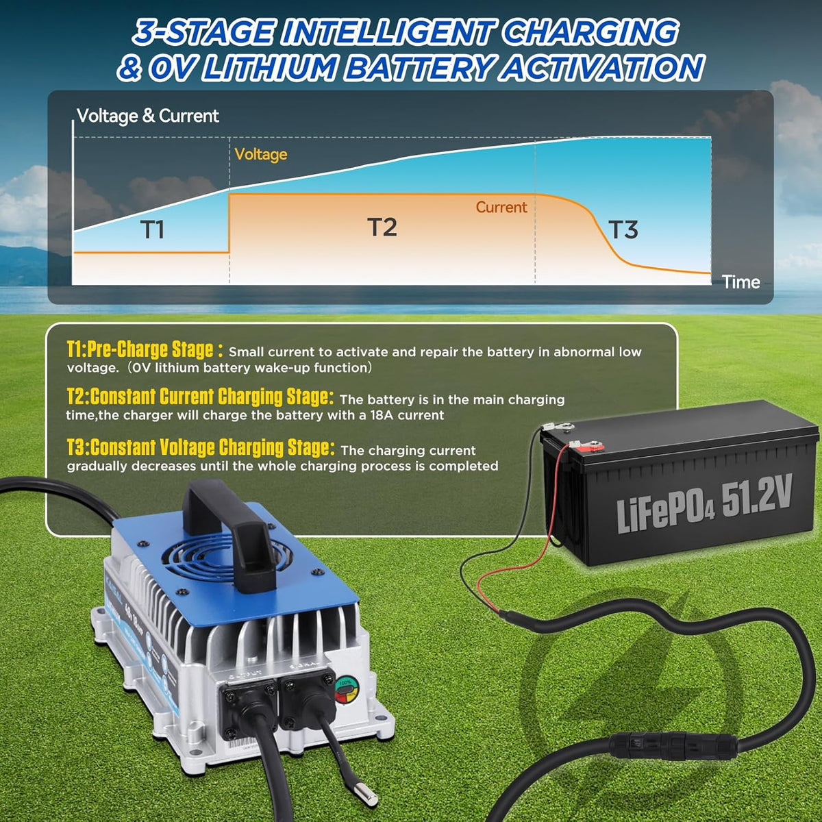 48V Lithiumbatterijlader – Lithium Acculader – LiFePO4 Oplader – Accu Charger – Elektrische Batterij Lader – IP67 Waterdicht – Slimme 3-fasen Oplaadtechniek
