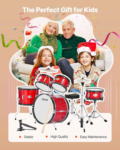 VEVOR Kinderdrumset, 5-delige 16" Junior Drumsets, Beginner Drums Set met Verstelbare Troon, Bekken & Twee Paar Drumsticks, Muzikaal Leren Drums Instrumenten Kit, voor Kinderen Leeftijd 6-13 (Rood)