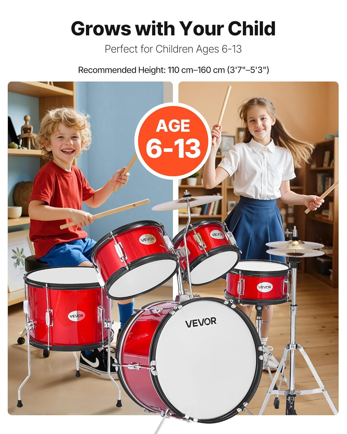 VEVOR Kinderdrumset, 5-delige 16" Junior Drumsets, Beginner Drums Set met Verstelbare Troon, Bekken & Twee Paar Drumsticks, Muzikaal Leren Drums Instrumenten Kit, voor Kinderen Leeftijd 6-13 (Rood)
