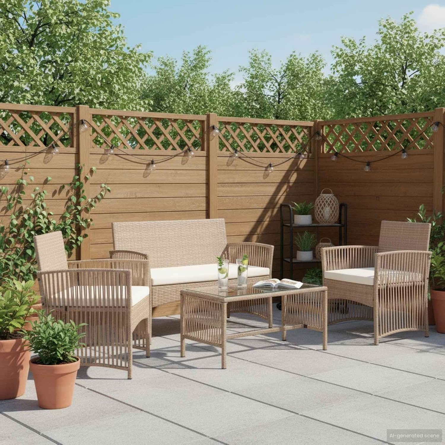 vidaXL Lounge Set with Cushions 4-Piece Garden Set Furniture Set Garden Outdoor Set Garden Furniture Garden Furniture Set Lounge Furniture Lounge Set Poly Rattan Beige - QUORE