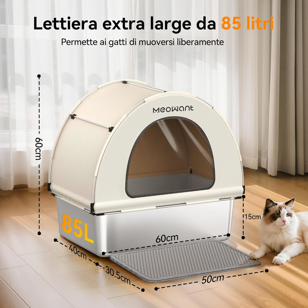 MeoWant Roestvrijstalen kattenbak, uitneembaar, gesloten, extra grote kattenbak, roestvrij staal, XXL, met stoffen overkapping, geurremmend, anti-aanbaklaag, gemakkelijk te reinigen, wit