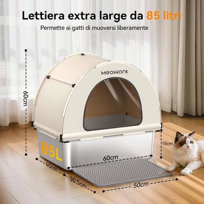 MeoWant Roestvrijstalen kattenbak, uitneembaar, gesloten, extra grote kattenbak, roestvrij staal, XXL, met stoffen overkapping, geurremmend, anti-aanbaklaag, gemakkelijk te reinigen, wit