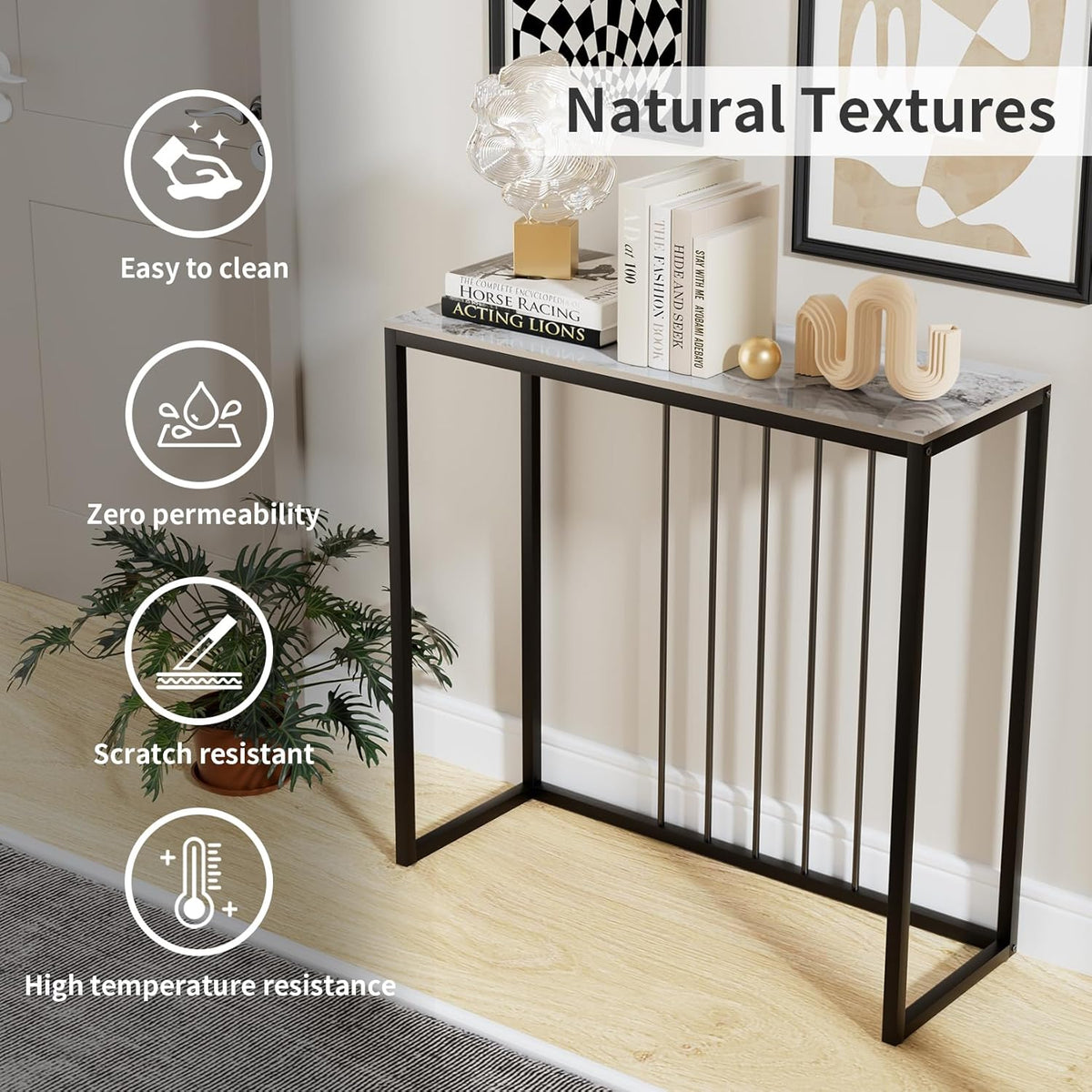 FATIVO Consoletafel van marmeren ingang: gladde gefrituurde stenen woonkamerconsoletafel 80 × 30 × 78,5 cm modern wit entree meubel, zwart frame, Scandinavisch design bankpunt – jade wit