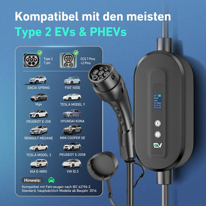 Type 2 Laadkabel – Oplaadkabel Elektrische Auto – EV Laadsnoer – EV Charger Kabel – Schuko Laadkabel – Instelbaar Laadvermogen 3,68 kW – Digitaal Display Met Timer