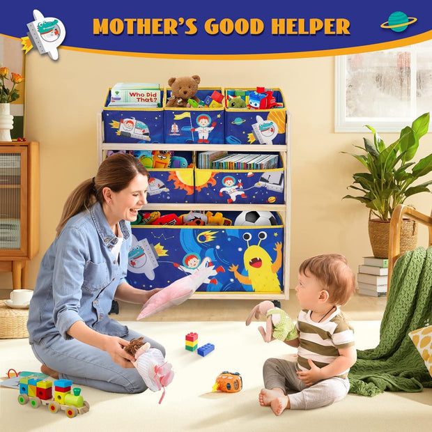 Opbergkast - Speelgoed Opbergbank - Kinderkast - 3-Tier Houten Opbergrek - 6 Afneembare Opbergbakken - met Wielen - Toy Storage - voor Binnen - Speelkamer - 64 x 28 x 60 cm - Blauw