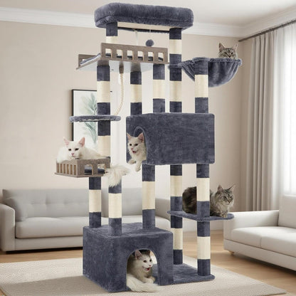 Large Cat Scratching Post for Large Adult Cats, 174 cm Cat Scratching Post with Hammock, 2 Large Sitting Bars, 2 Cat Caves, 15 Scratching Bars, Smoke Grey GCT033G - QUORE