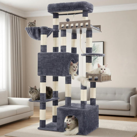 Grote krabpaal voor grote volwassen katten, 174 cm kattenkrabpaal met hangmat, 2 grote zitstangen, 2 kattenholten, 15 krabstangen, rookgrijs GCT033G