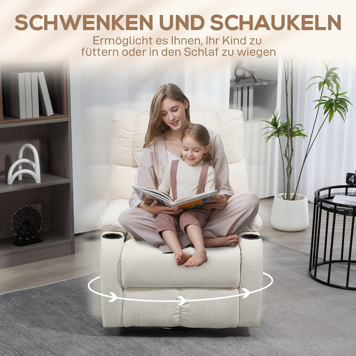 HOMCOM Relaxstoel, televisiestoel met ligfunctie, ligstoel, stoel met verstelbare rugleuning, voetensteun, relaxstoel met linnenlook voor woonkamer, slaapkamer, beige