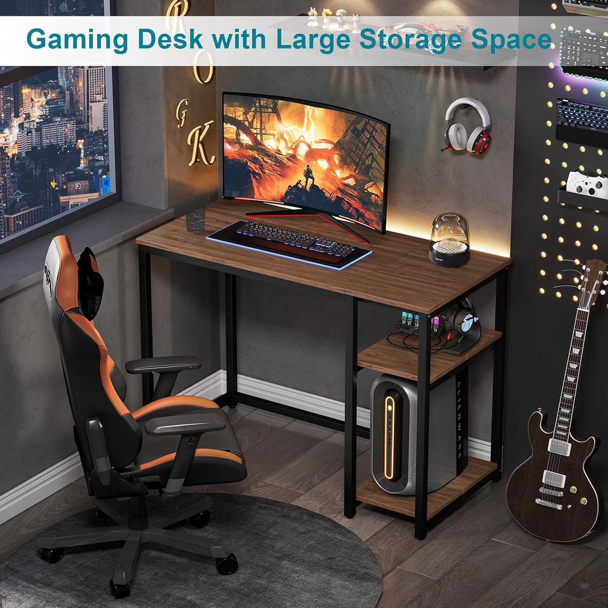 WOHOMO Computerbureau 120 cm met 2-laags planken, stevig thuiskantoor bureau met grote opslagruimte, modern gamingbureau, studie-schrijftafel, laptoptafel, bruin