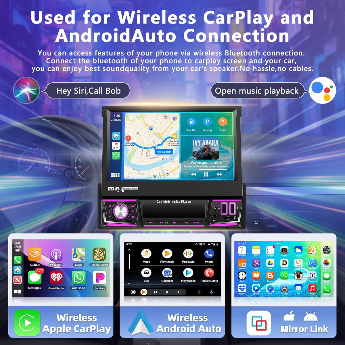 4+64G Auto Radio 1 din Android met Carplay Android Auto, Motorsi Bluetooth Single din Radio Auto met Scherm Support Mirrorlink/FM/GPS-Navigatie/WIFI/USB/SWC + Achteruitrijcamera + Microfoon