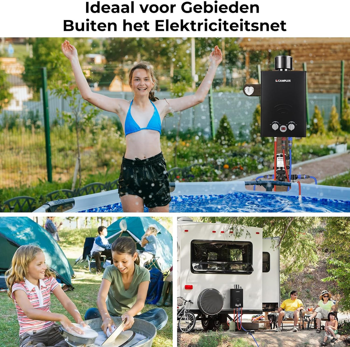 CAMPLUX Tankloze 6 Liter Gasdoorstroomboiler met 12 V Waterpomp en Regenhoes, 50 mbar, LPG, voor Campingdouche/Wapaard, BW158BCP60-DE