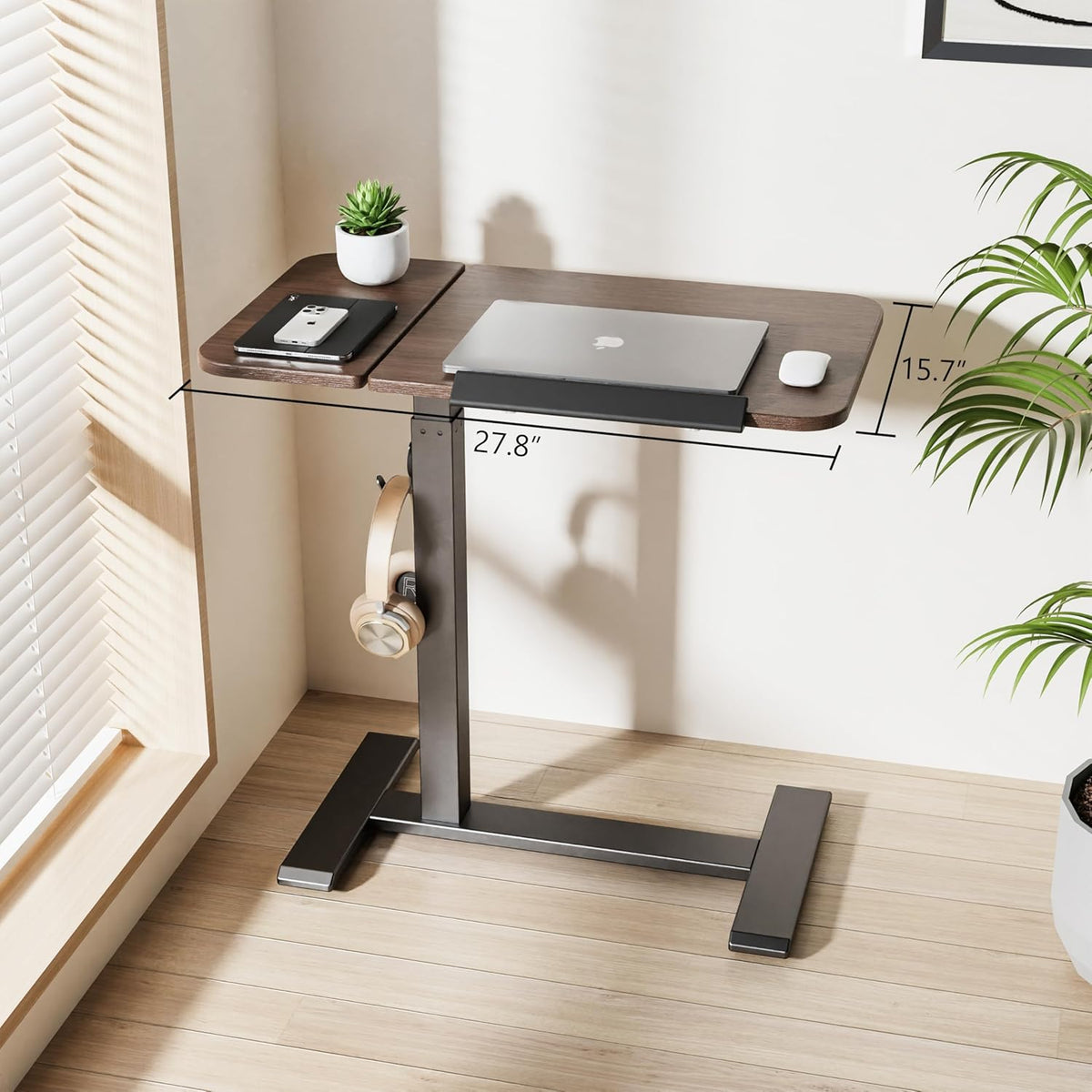 ETHU Overbedtafel met in hoogte verstelbaar, 67-101 cm pneumatische lift mobiel bureau met wielen, 20 kg laadvermogen, rollend laptopbureau voor nachtkastje, bank en thuiskantoor (donkerbruin)
