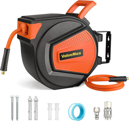 ValueMax Persluchtslanghaspel, slanghaspel automatisch, slang 15 m + 1,5 m, 1/4" aansluiting, 180° schenkbaar, slanghaspel intrekbare luchtslanghaspel max. 300 psi/20 bar