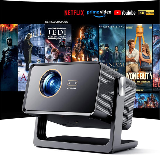 WOLFANG 4K Smart Beamer【Netflix Official & Autofocus/Keystone】28000 Lumen, WiFi 6 Draagbare Beamer met 5.2G Bluetooth, Home Theater Projector met 180° Verstelbare standaard voor 300" Schermen