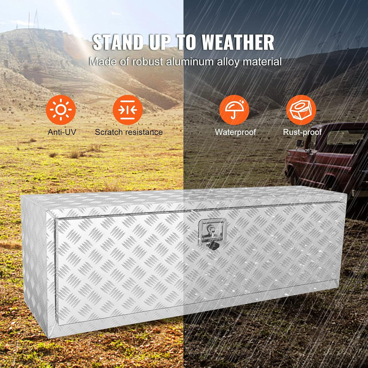 VEVOR Bodem-vrachtwagenbox, 1219 x 430 x 460 mm pick-up-opbergdoos, aluminium gereedschapskist met slot en sleutels, waterdichte gereedschapskist voor vrachtwagen, bestelwagen, aanhanger enz.