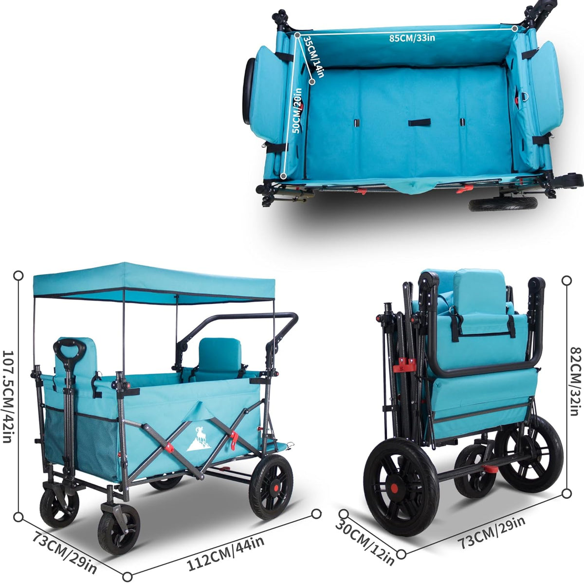 Opvouwbare bolderwagen Hemelsblauw – Bolderkar – Handwagen – Transportwagen – Strandkar – 2 klapstoelen met veiligheidsgordels en dak – 180L capaciteit, draagvermogen 120 kg