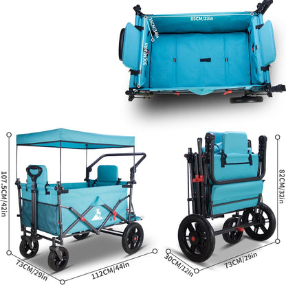 Opvouwbare bolderwagen Hemelsblauw – Bolderkar – Handwagen – Transportwagen – Strandkar – 2 klapstoelen met veiligheidsgordels en dak – 180L capaciteit, draagvermogen 120 kg
