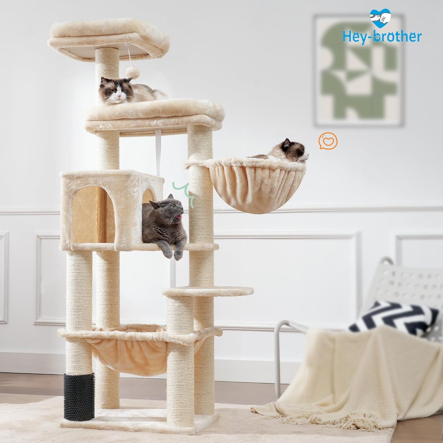 Krabpaal – Kattenboom – Kattenmeubel – Krabmeubel – Krabton – Extra Groot – 168 cm Hoog – 11 cm Sisal Palen – Grote Hangmatten – Beige - QUORE