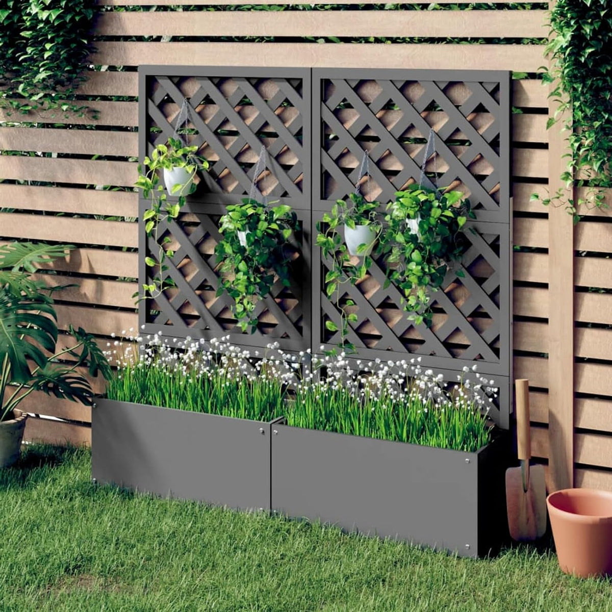 Gecheer Planter Garden Raised Bed with Trellis Trough Planter with Top Trellis Climbing Plants Flower Raised Bed Pot 2pcs Grey 65x33x135cm WPC Pots & Planters - QUORE