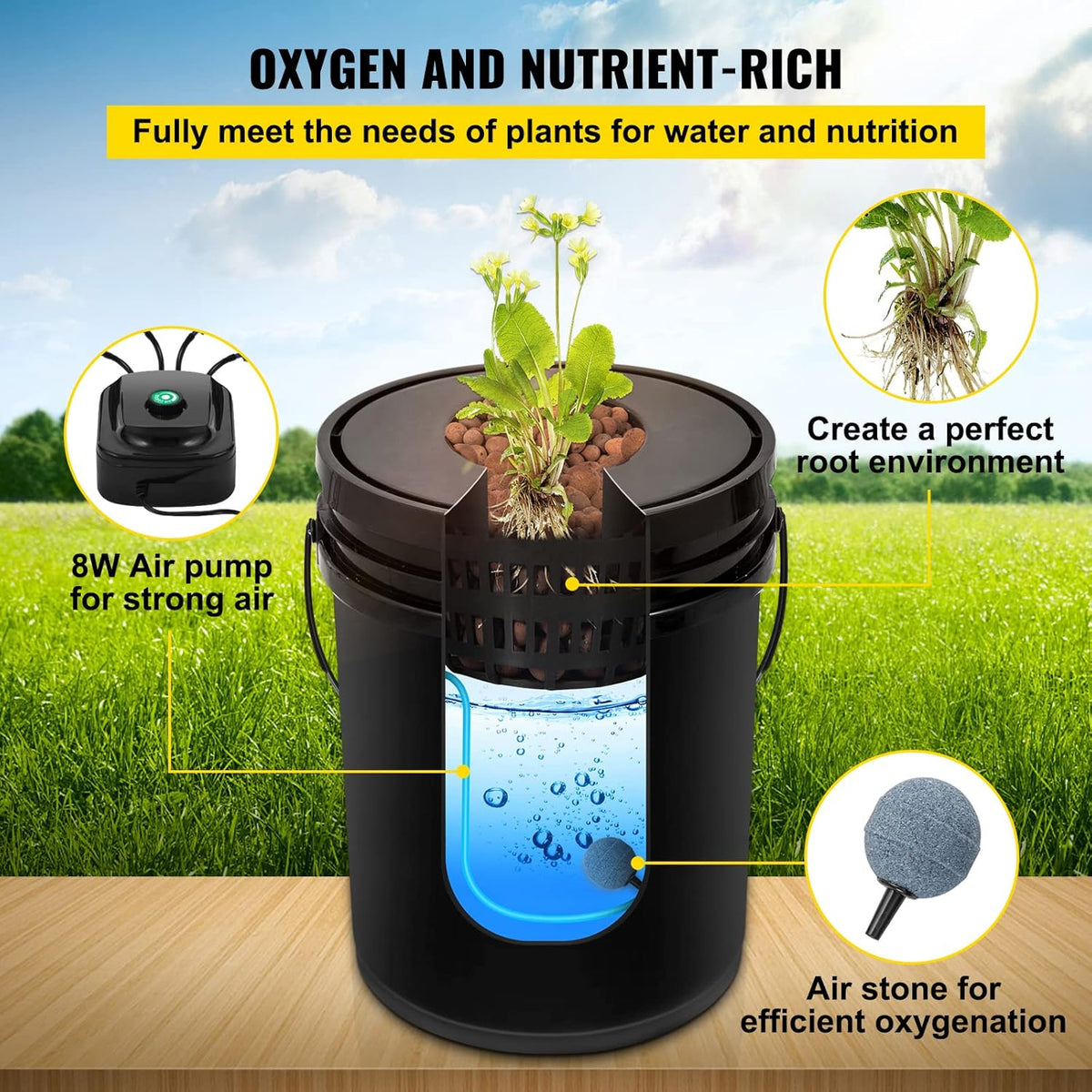 Hydrocultuur Systeem – Diepe Watercultuur – Kweekemmer Set – Kweekkit – DWC Kweekset – 4 Emmers 23L PP – 8W Luchtpomp Met Waterniveau-indicator