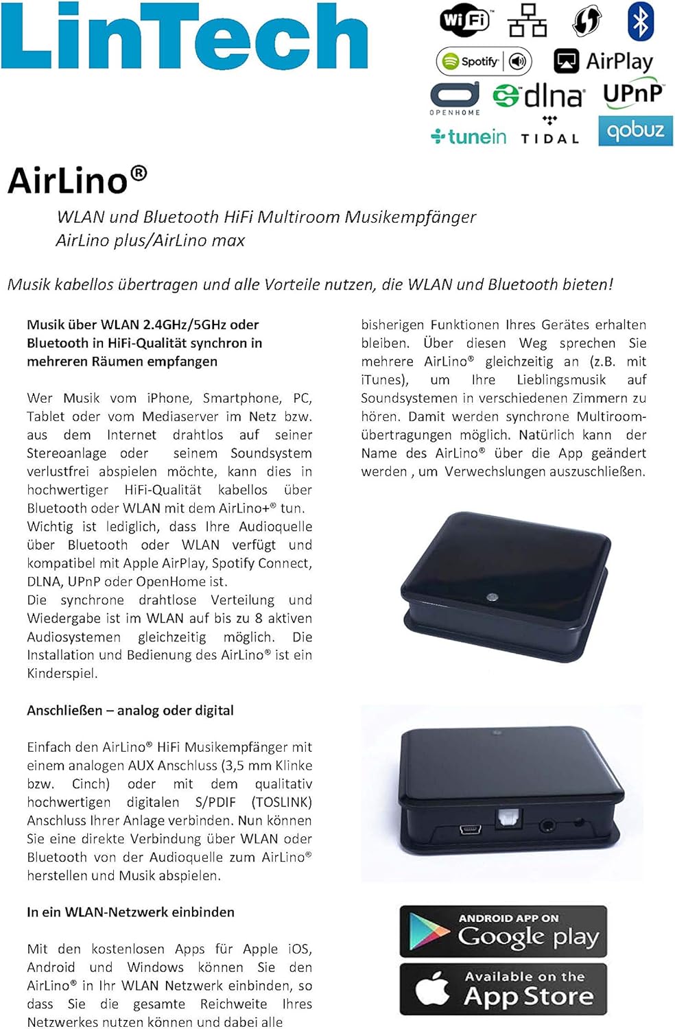 AirLino® Plus WiFi & Bluetooth multiroom ontvanger/receiver/audio streaming via WLAN of Bluetooth 2.4GHz (AirPlay, DLNA, UPnP, Internet Radio, NAS-Media Server, Tidal, Spotify, Qobuz Connect)