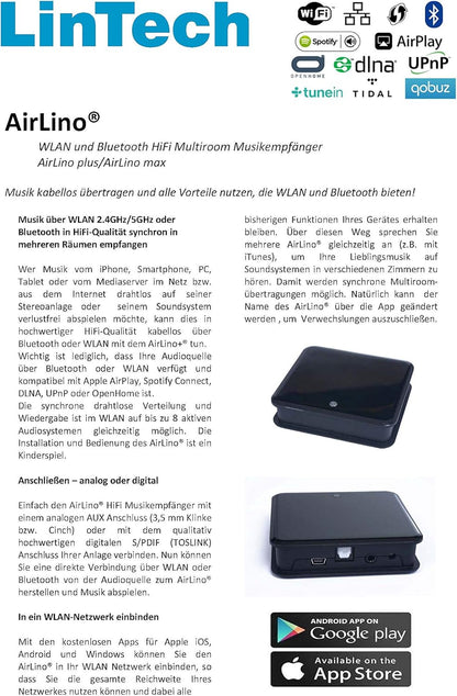 AirLino® Plus WiFi & Bluetooth multiroom ontvanger/receiver/audio streaming via WLAN of Bluetooth 2.4GHz (AirPlay, DLNA, UPnP, Internet Radio, NAS-Media Server, Tidal, Spotify, Qobuz Connect)