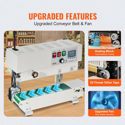 VEVOR Continuous bag sealing machine, sealing width 6-12mm, carbon steel vertical tape sealer with digital temperature control, for films plastic bags 0.02-0.8mm