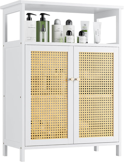 Bathroom Floor Stand Cabinet, Bamboo Storage Organizer Table with 2 Rattan Doors and 1 Shelf, Wooden Side Cabinet for Hallway, Laundry, Kitchen, Living Room (White)