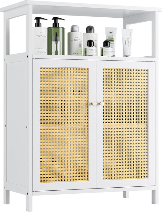 Bathroom Floor Stand Cabinet, Bamboo Storage Organizer Table with 2 Rattan Doors and 1 Shelf, Wooden Side Cabinet for Hallway, Laundry, Kitchen, Living Room (White)