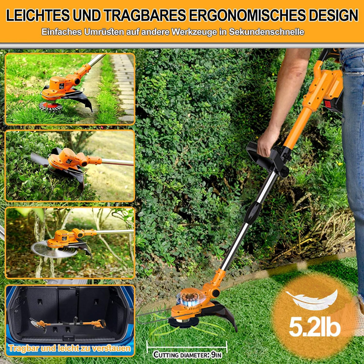 Draadloze grastrimmer met accu 21 V borstelloze bosmaaier met 2 accu's 4,0 Ah en onkruidborstel, 4-in-1 telescopische elektrische bosmaaier, draadloos, oranje