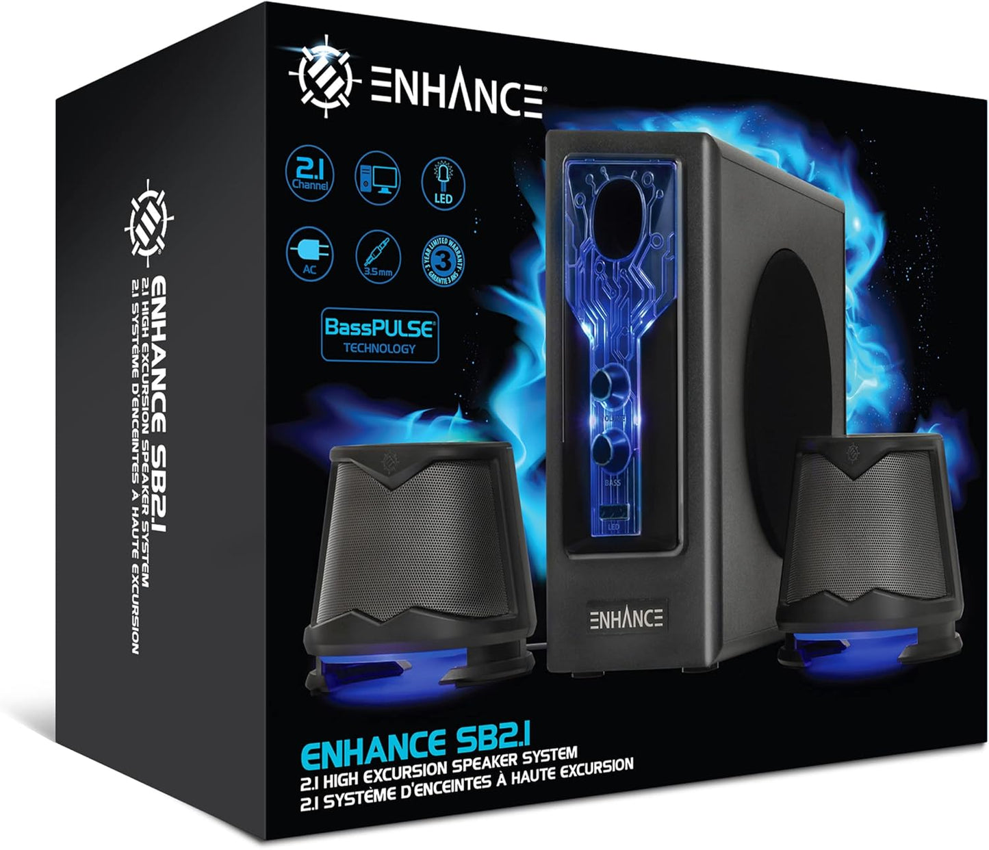 ENHANCE SB 2.1 Computerluidspreker met subwoofer – blauwe led-gamingluidspreker, high-excursion-geluidssysteem, AC-voeding, volume- en basregeling, compatibel met gaming-pc, desktop, laptop