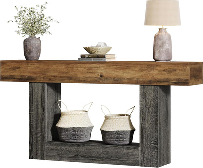 Tribesigns Console Table, Entrance Table, Coffee Table with Storage, Wooden Table Behind Sofa, for Living Room and Entrance, Country, 2 Levels, 160 cm, Rustic Brown and Grey