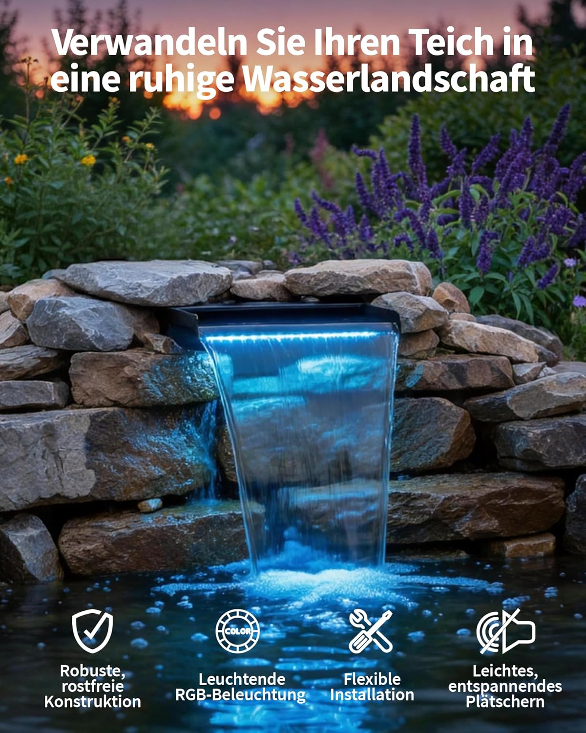 POPOSOAP 20 cm brede vijverwaterval, roestvrijstalen watervalbox met 2500 l/u vijverpomp, op afstand bestuurde kleurwisselende led-lichtketting, buiten-waterspel voor tuinvijver