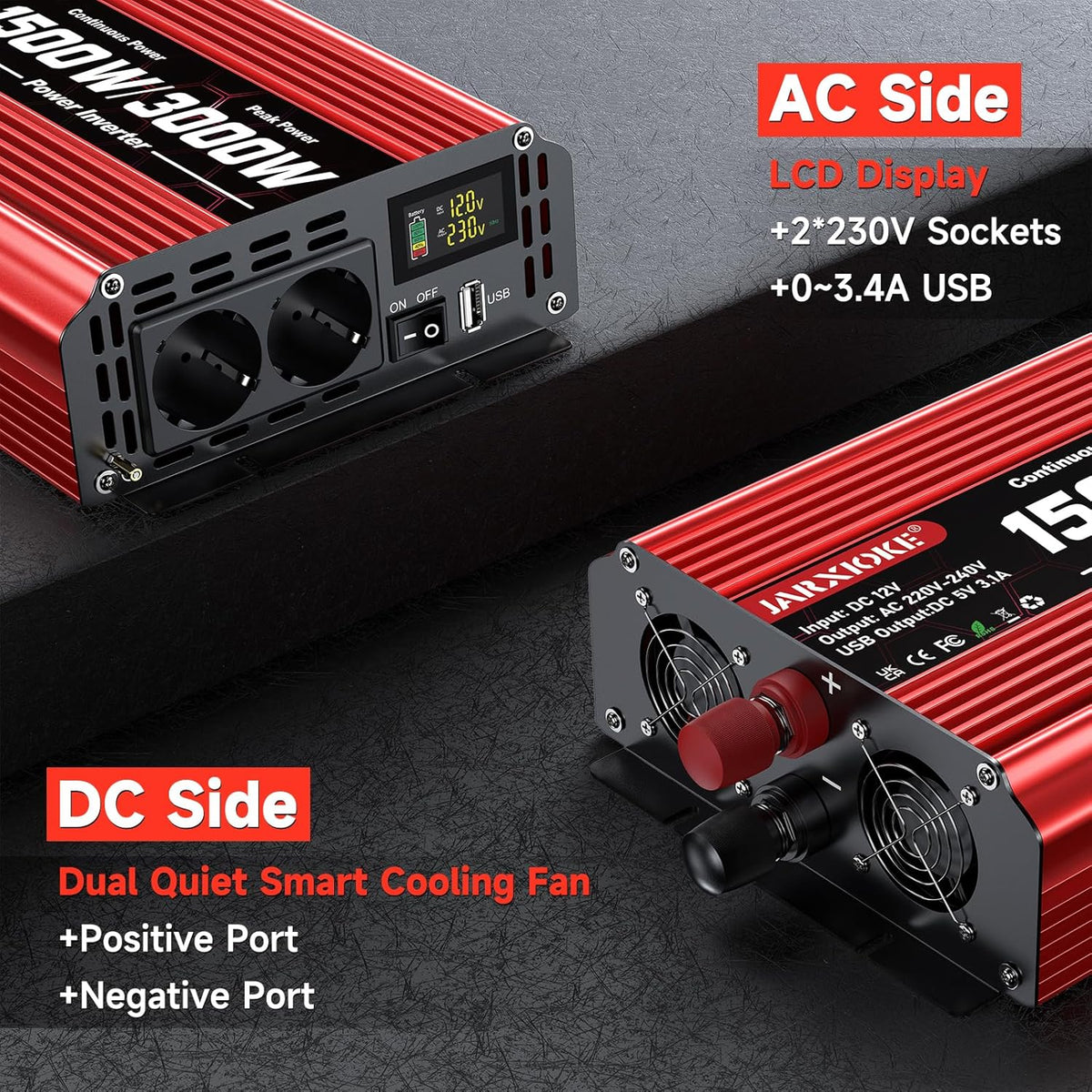 1500 W omvormer DC 12 V naar AC 230 V spanningsomvormer 2 AC stopcontact & USB-poort stroomomvormer met LCD-display, Power Inverter voor auto, auto, caravan, vrachtwagen