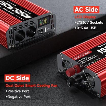 1500 W omvormer DC 12 V naar AC 230 V spanningsomvormer 2 AC stopcontact & USB-poort stroomomvormer met LCD-display, Power Inverter voor auto, auto, caravan, vrachtwagen