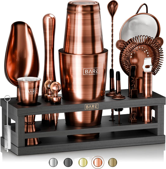 Cocktailset – Bartenderset – Cocktailshakerset – Barset – Shakerset – 16-Delige Set Met 800 Ml Boston Shaker En 35 Receptkaarten – Koper/Zwarte Afwerking Met Bamboe Displaystandaard