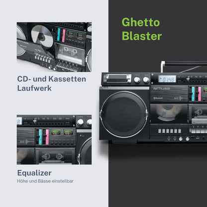 MUSE Bluetooth Retro Boombox met radio, CD, cassetterecorder, 80 W uitgangsvermogen, USB, aux, Micro SD-kaartsleuf