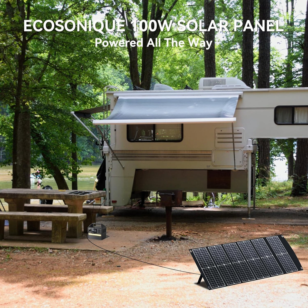 Ecosonique 100 W opvouwbare zonne-oplader, draagbare oplader op zonne-energie, snel opladen met USB-C PD3.0 USB-A QC3.0 DC 20 V, licht met standaard voor camping, stroomstation, zonne-generatoren