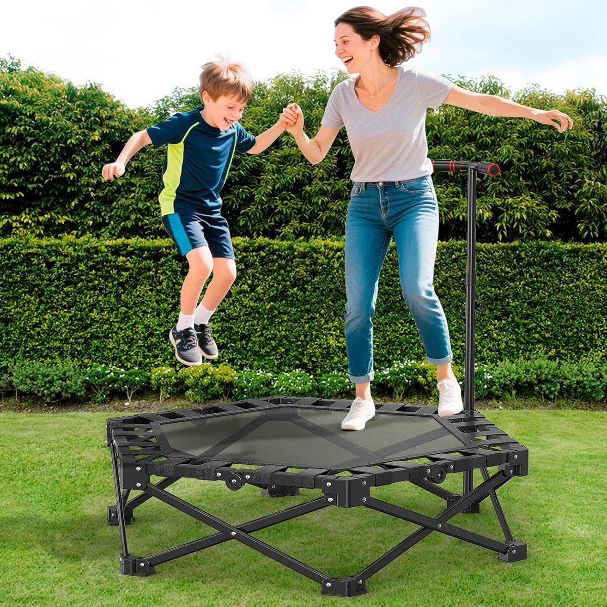 Opvouwbare trampoline voor volwassenen - 42" rebounder met verstelbare schuimrubberen handgreep voor binnen en buiten, fitness, lichaamsoefening