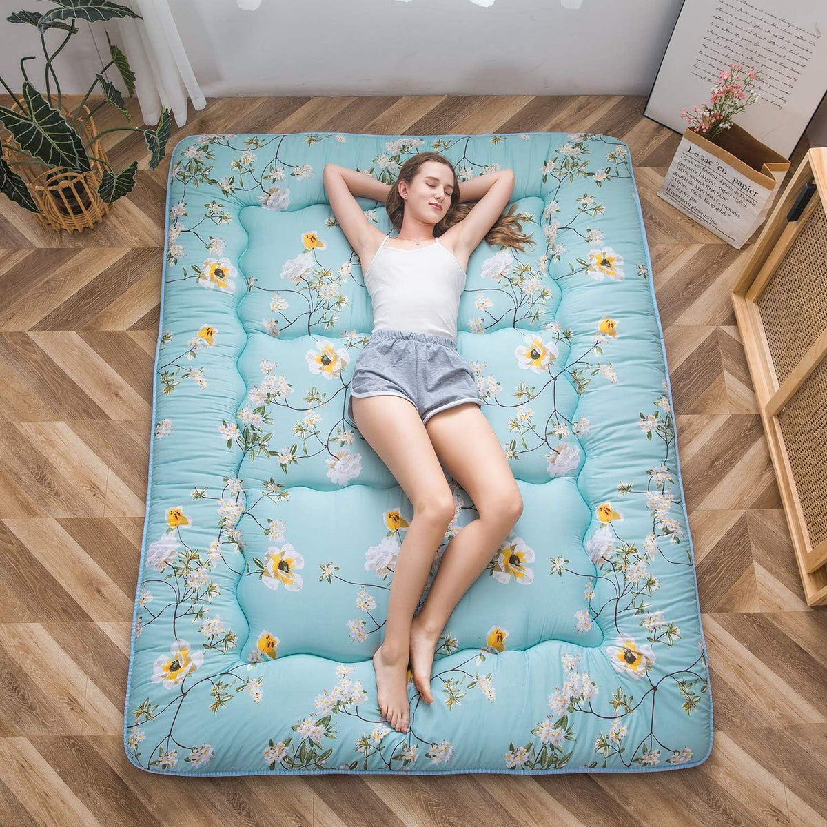 MAXYOYO Japanse vloermatras Futon-matras, Dikker Tatami-mat Slaapmat Opvouwbaar Opklapbaar Matras Slaapzaal Matras Pad Vloerligbed Kussen Bed (Groen Bloemen, Eenpersoons)