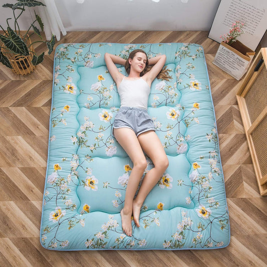 MAXYOYO Japanse vloermatras Futon-matras, Dikker Tatami-mat Slaapmat Opvouwbaar Opklapbaar Matras Slaapzaal Matras Pad Vloerligbed Kussen Bed (Groen Bloemen, Eenpersoons)