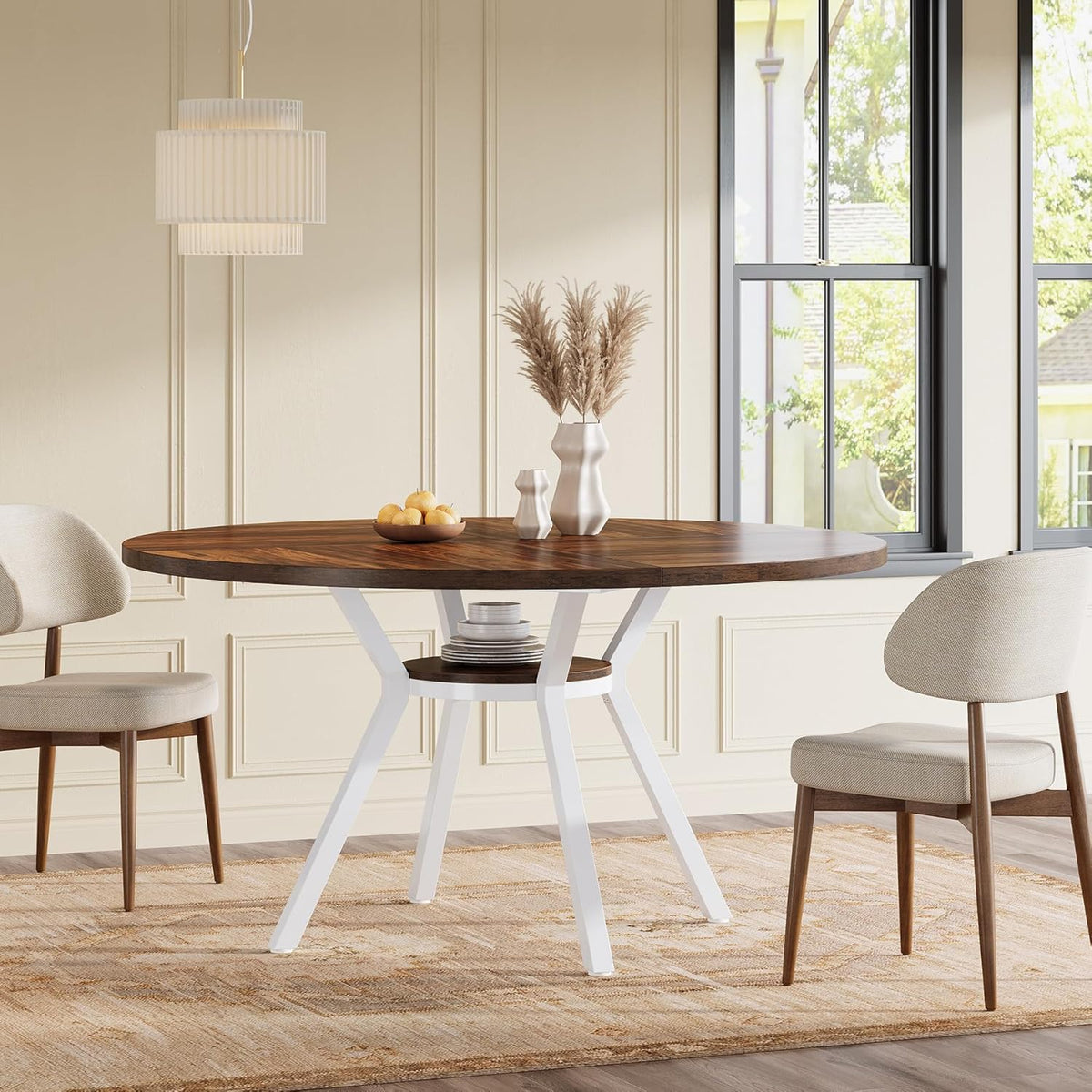 Tribesigns Round Dining Table for 4 People, 120 cm, Round Dining Table with Metal Base, Kitchen Table with Storage Compartment for Home, Dining Room, Living Room, White (Brown)