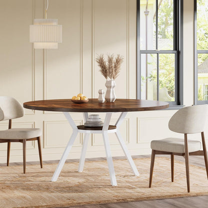 Tribesigns Round Dining Table for 4 People, 120 cm, Round Dining Table with Metal Base, Kitchen Table with Storage Compartment for Home, Dining Room, Living Room, White (Brown)