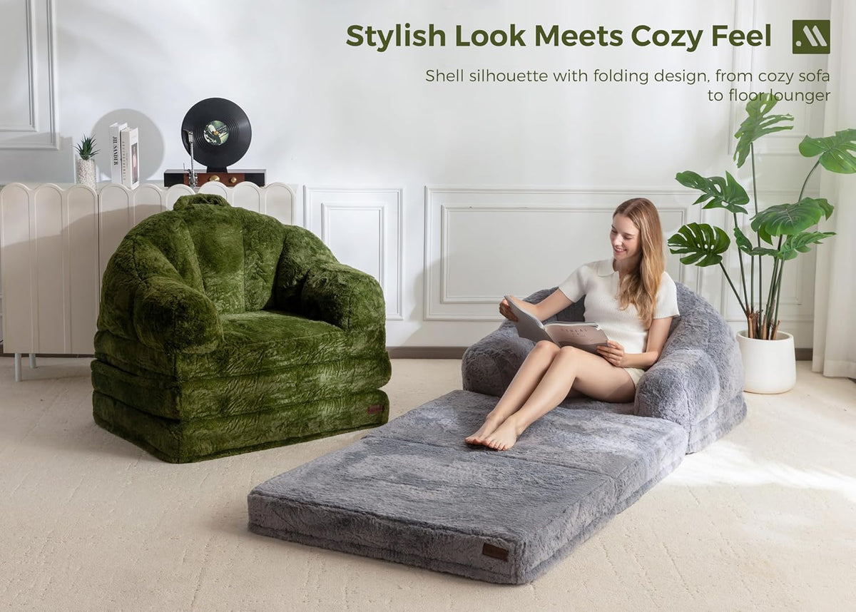 MAXYOYO Folding Sofa Bed, Comfortable Faux Fur Fabric, Convertible Floor Sofa with Handle, Single Bean Bag for Adults, Sleeping Chair for Living Room Bedroom